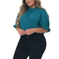 thumbnail image 4 of Agnes Orinda Women's Plus Size Pleated Mock Neck Star Print Puff Sleeve Blouse 2X Blue, 4 of 6