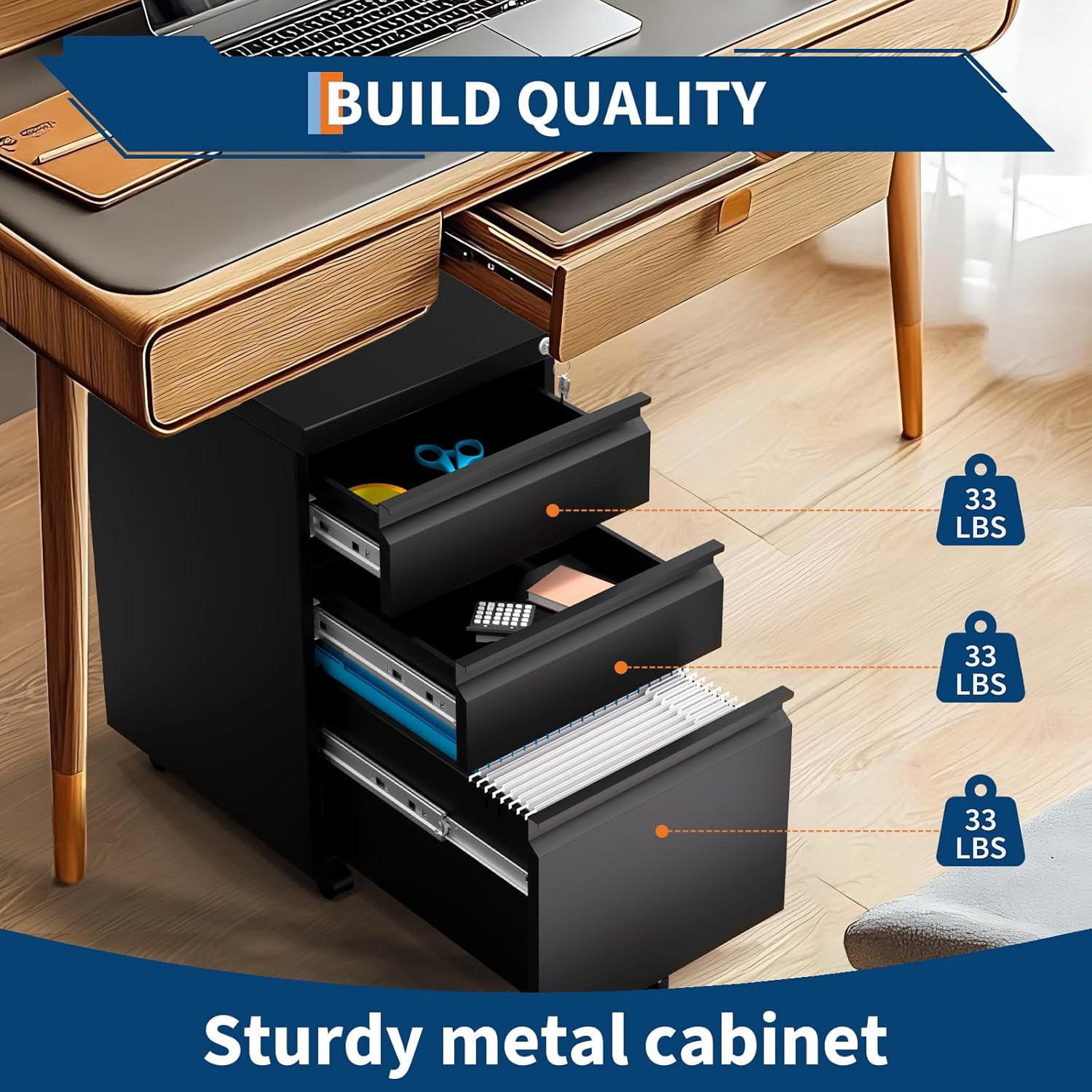24 Inch 3 Drawer Mobile File Cabinet - Office Lateral Filing Cabinet with Lock/2 Keys, Under Desk Metal File Cabinet with Adjustable Shelf for Legal Letter A4 Files, Easy Assembly, Black