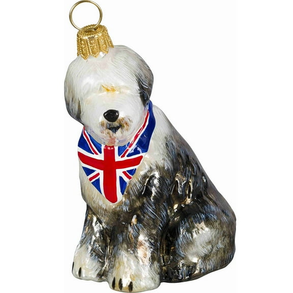 Old English Sheepdog with Union Jack Bandana Polish Glass Christmas Ornament New