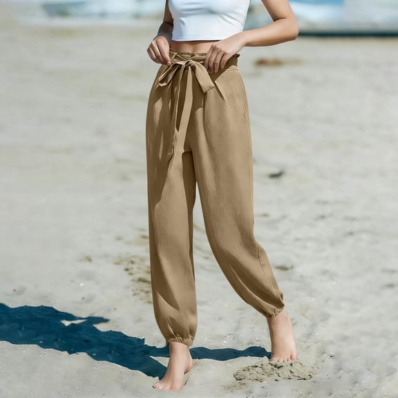 Summer Yoga Pants for Women Straight Leg Trousers Crossover High Waist with Pockets Petite/Regular/Tall Loose Stretch Casual Lounge Pants Khaki L