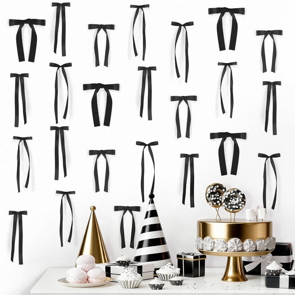 40Pcs Black Bow Wall Decor, DIY Bow Photo Backdrop, Ribbon Bows Garland, Black Bows Party Decor for Women Girls Birthday, Baby Shower, Bachelorette Wedding Party, Room Bedroom Decor
