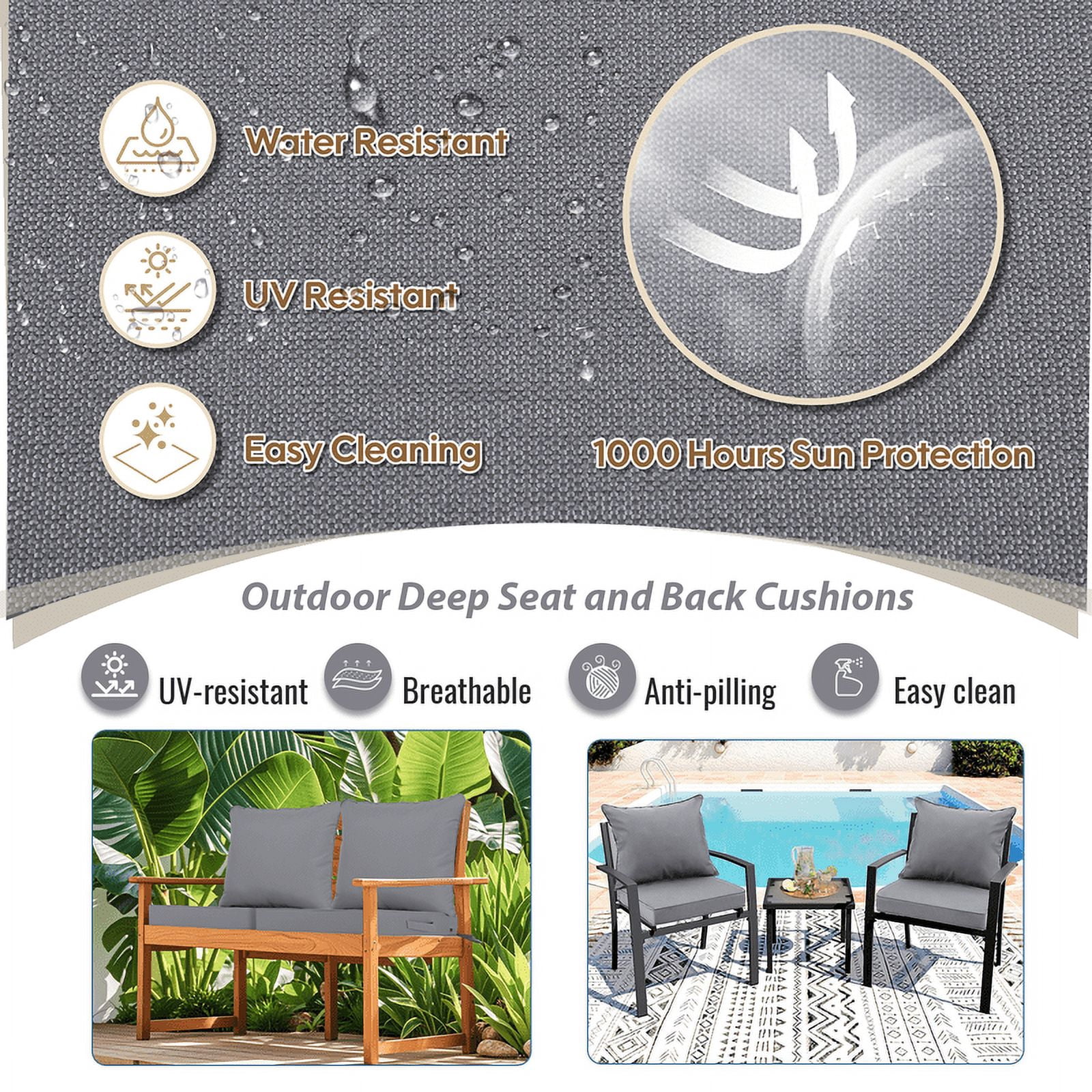 SDJPOI 2 Set Outdoor Deep Seat Cushions, 24"x24"X4.3" Waterproof Fade-Resistant Patio Furniture Cushions with Removable Covers & Adjustable Ties for Chairs, Sofa, Couch