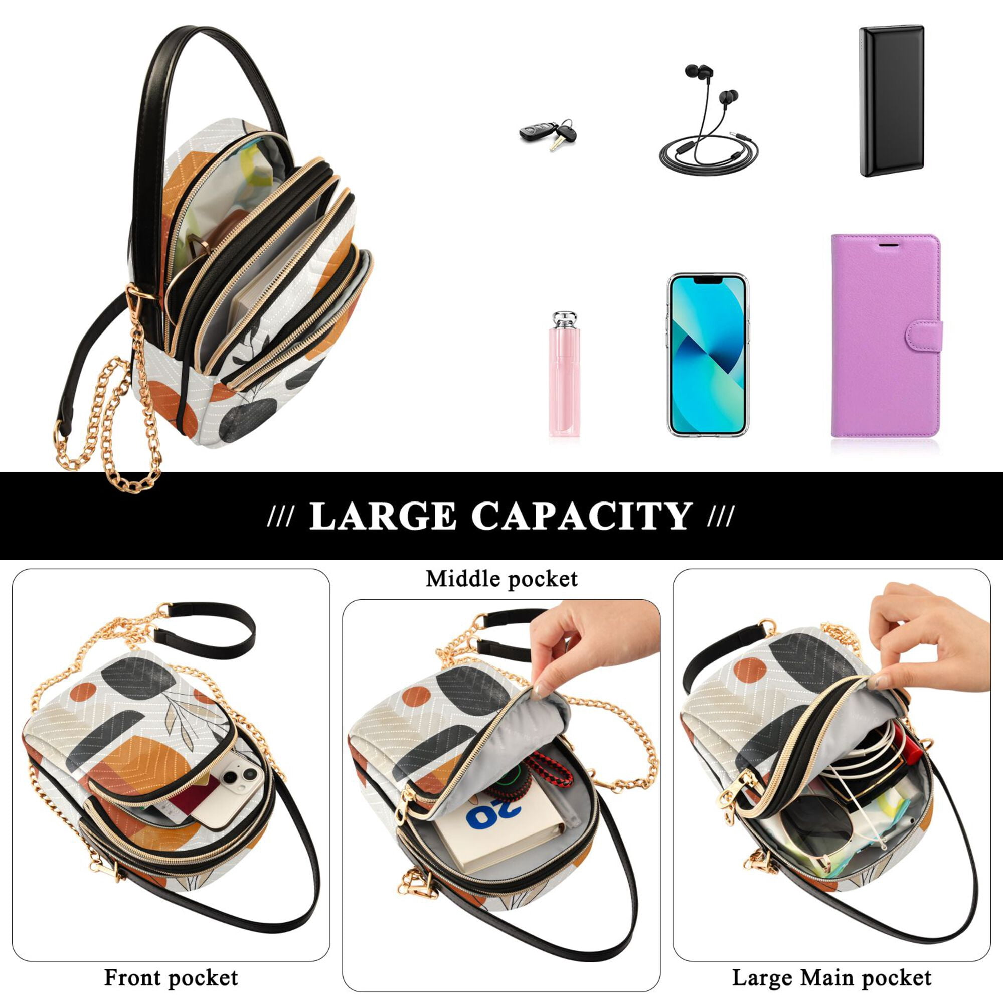 FORMRS Crossbody Bag for Women Quilted Travel Shoulder Cell Phone Purse with Chain Strap Handbag, White Abstract Shapes