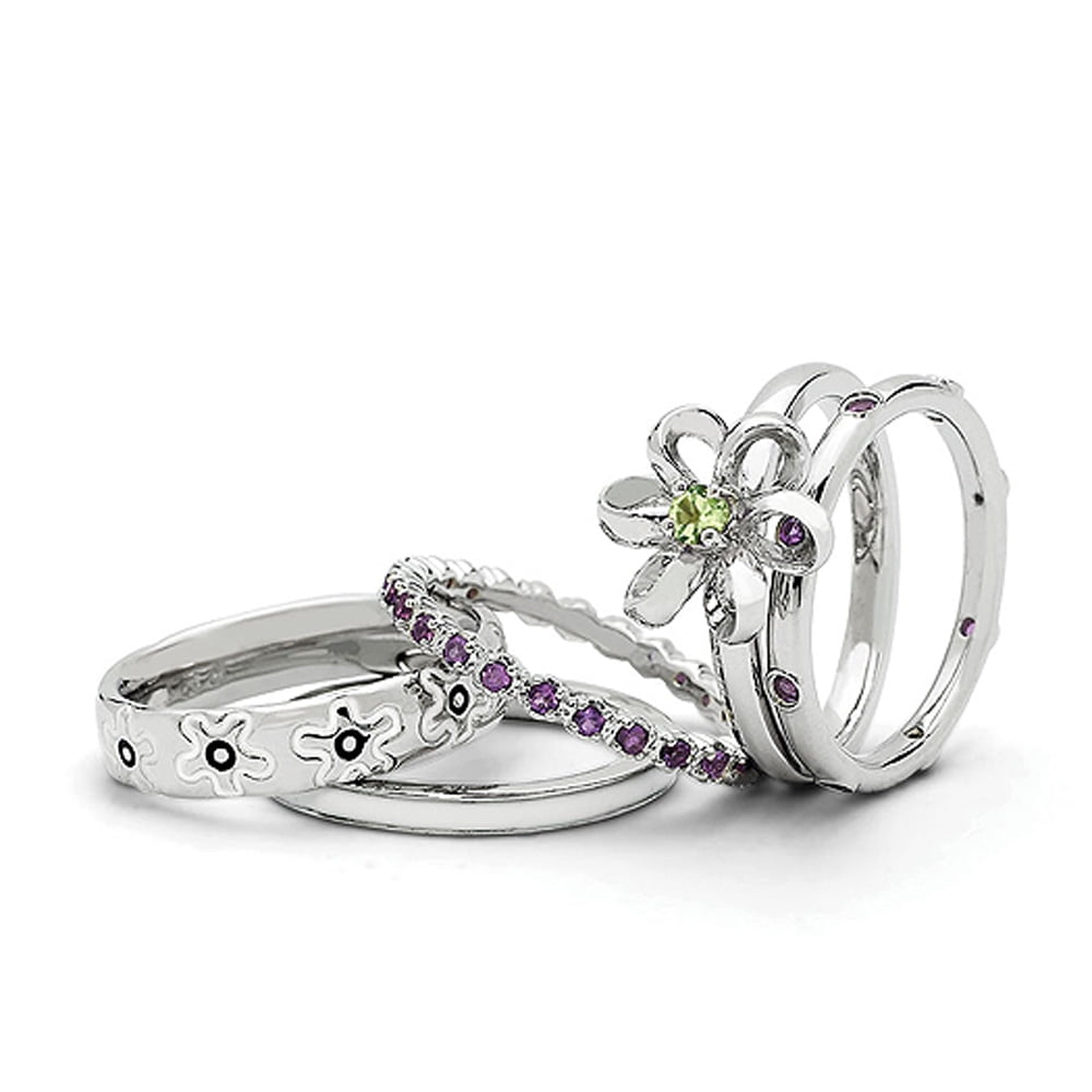 Sterling Silver Peridot & Amethyst Floral Dreams Ring Set by Stackable Expressions