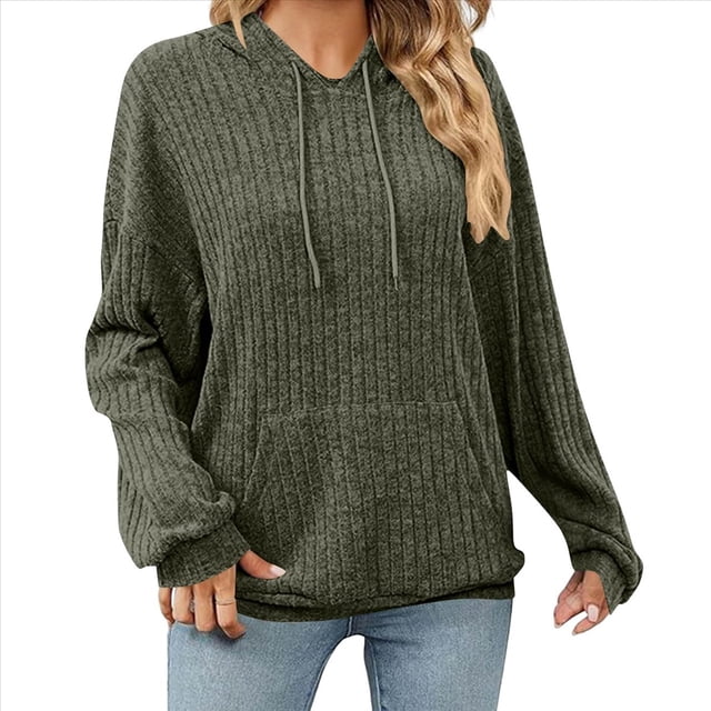 Sudadera con Capucha de Punto Acanalado para Mujer, Sudaderas Extragrandes con Bolsillo Tipo Canguro, Tops Casuales Holgados con Cordón Verde S