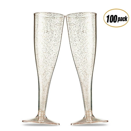 100 Pack Gold Glitter Plastic Champagne Flutes 5 Oz Clear Plastic Toasting Glasses Disposable Wedding Party Cocktail Cups