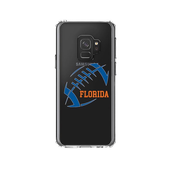 DistinctInk Clear Shockproof Hybrid Case for Samsung Galaxy S9 (5.8" Screen) - TPU Bumper, Acrylic Back, Tempered Glass Screen Protector - Florida Football - Orange, Blue