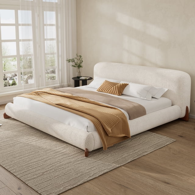 Noble House King Size Low Profile Boucle Upholstered Platform Bed Frame, Cream White