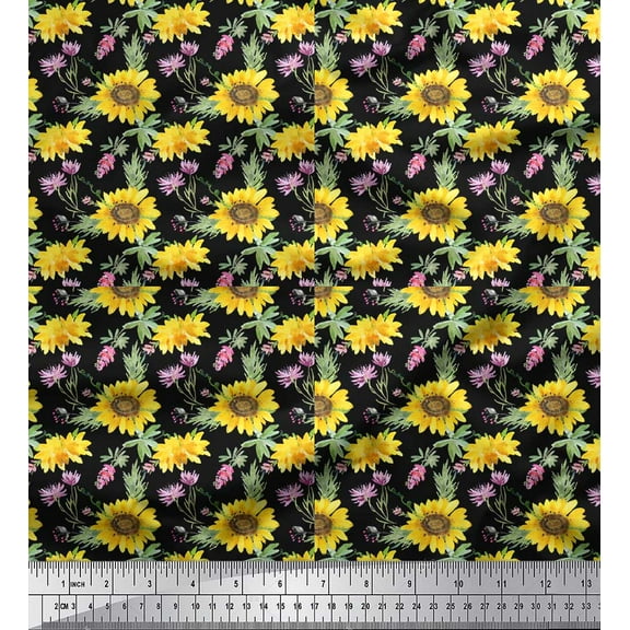 Soimoi Black Cotton Duck Fabric Leaves & Sunflower Floral Print Sewing Fabric Yard 42 Inch Wide