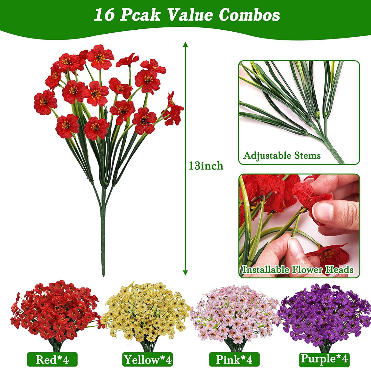 16 Bundles Artificial Flowers for Outdoors, Fake Silk Flowers Faux Plants UV Resistant for Hanging Planters Window Box Front Porch Indoor Outside Decorations (Red)