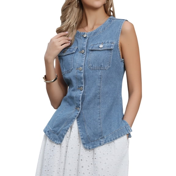 Denim Vest for Women Crew Neck Button Down Cropped Jean Vest Top XS Blue