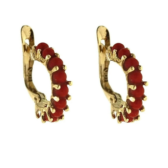 18K Solid Yellow Gold Coral Paste Beads Half Hoop Lever back Earrings
