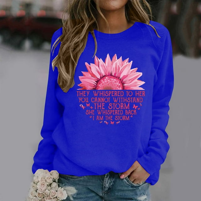 EQWLJWE Chemises Roses Cancer du Sein pour Femmes Ruban Rose Sensibilisation au Cancer du Sein Chemise Mode Blouse Graphique Chemise Décontractée Manches Longues Col Rond Chandail Tops Chandail Automne pour Femmes 2023