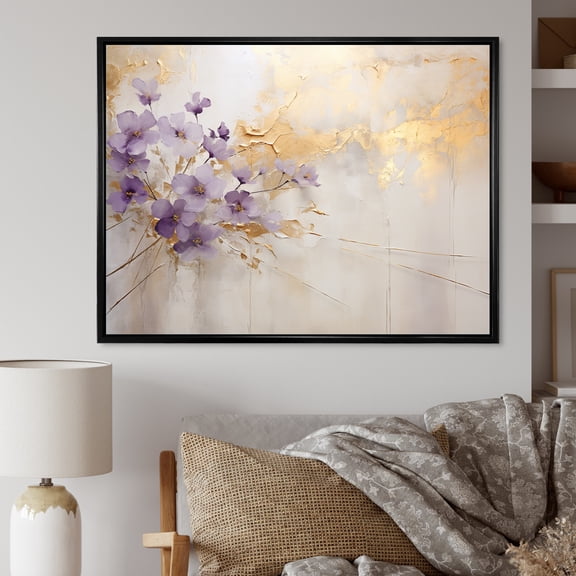 Designart "Meadow of Violets in Purple and Gold III" Violets Floater Framed Canvas Wall Art