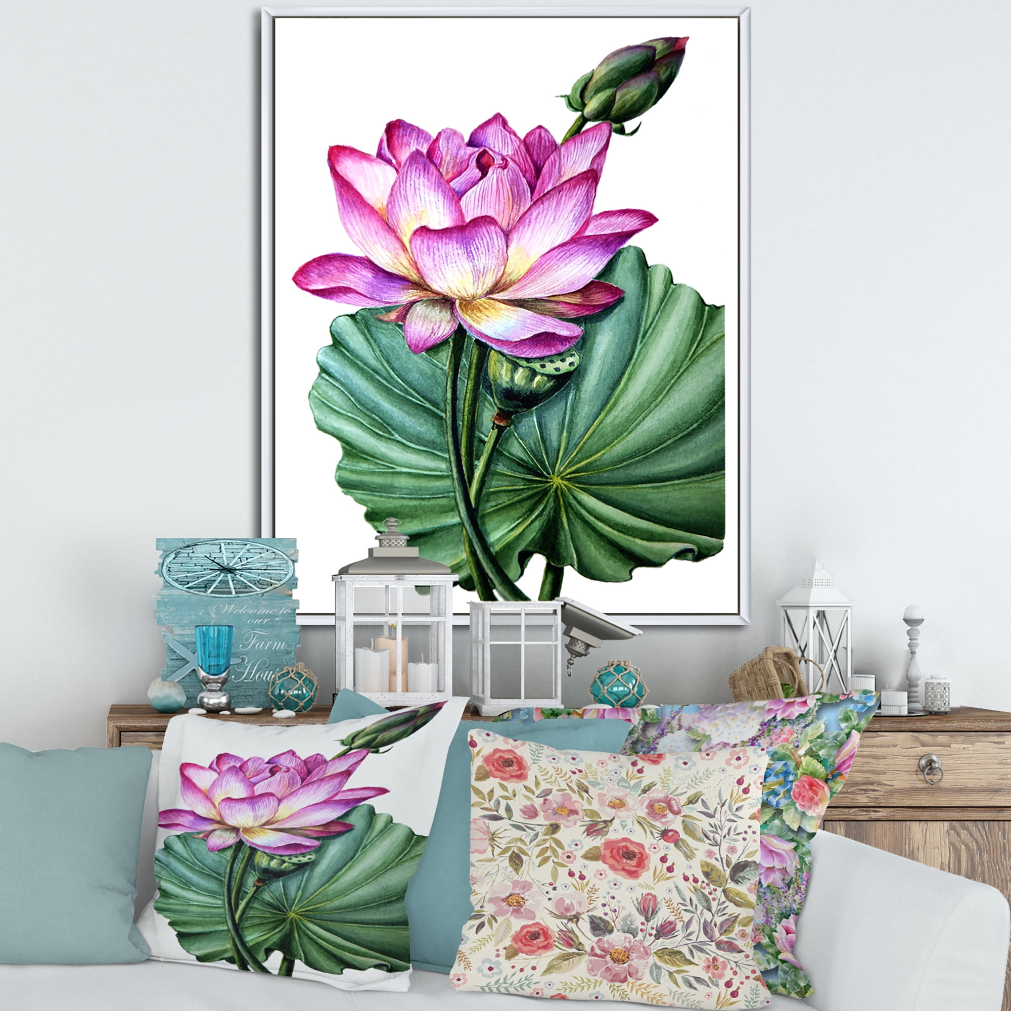 Designart 'Ancient Pink Lotuses In The Pond VI' Traditional Framed Canvas Wall Art Print