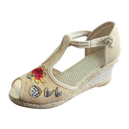 

Mackneog Women Slope Heel Sandals Linen Thick Bottom Slippers Casual Home Thick Heel Fish Mouth Embroidered Sandals Women s sandals Beige 40 Gift on Clearance