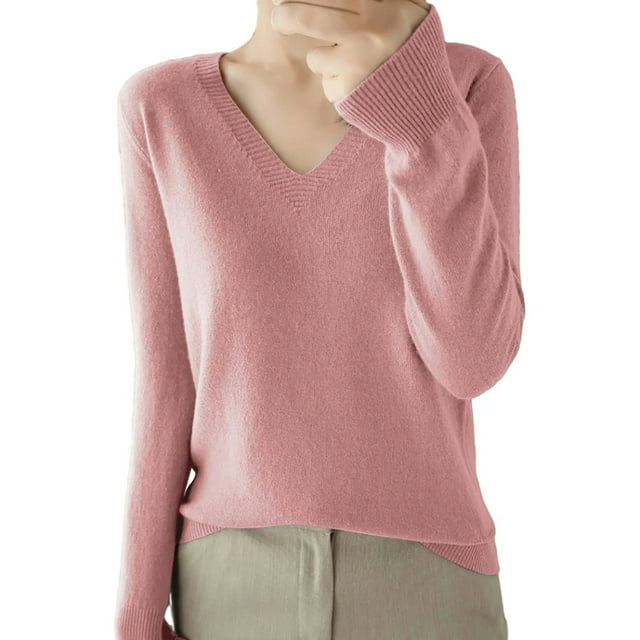 WUANDIXFA Chandails d'Automne pour Femmes Chandails pour Femmes Chandails à Col en V pour Femmes Chandails Légers pour Femmes Manches Longues Col Rond Chandail Léger et Doux en Tricot Blouse Rose,P