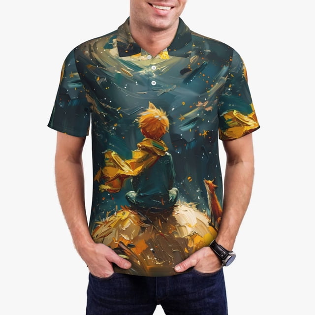 Balery Whimsical Starry Night Scene Camisa Polo de Hombre con Estampado, de Manga Corta y Tejido Medio, Camisa Tipo Golf Polo-3X-Large