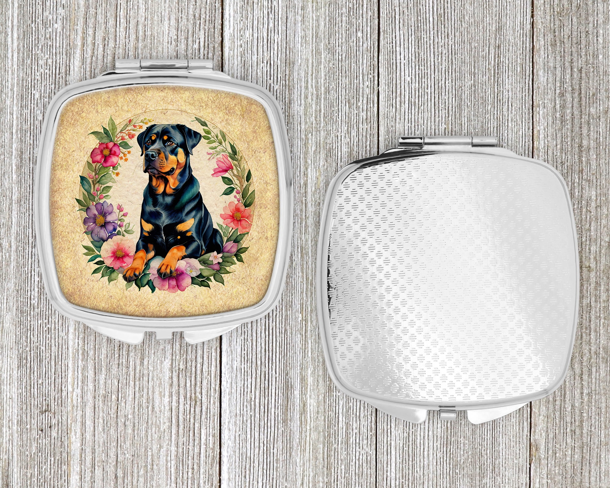 Rottweiler and Flowers Compact Mirror 2.75 in x 3 in