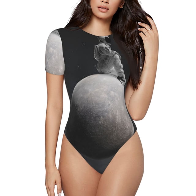 Cauagu Astronaute Assis sur Mercury Planet T-Shirts à Manches Courtes Col Rond pour Femmes Combinaison Quotidienne-TG
