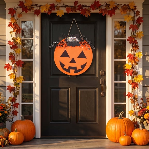 Halloween Jack O Lantern Wooden Door Hanger, 4 Styles Fall Pumpkin Front Door Sign for Thanksgiving Home Decor