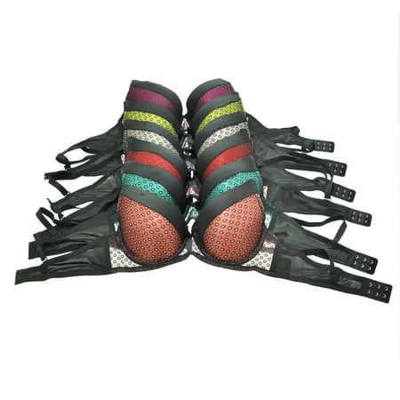 Nylon Eyelet - Womens Neon Based Black Mesh Eyelet Padded Convertible Bras 6 Pack