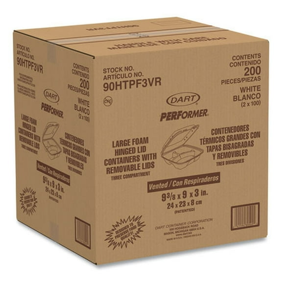Dart 90HTPF3VR 9.01 in. x 9.4 in. x 3.1 in. 3-Compartments Insulated Foam Hinged Lid Containers - White (200/Carton)