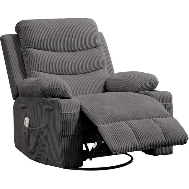 360° Swivel Oversized Recliner Single Sofa Seat, Recliner Chair with Massage and Heat, Adult Rocking Chair Reclining Sofa with Cup Holder and Pockets for Living Room