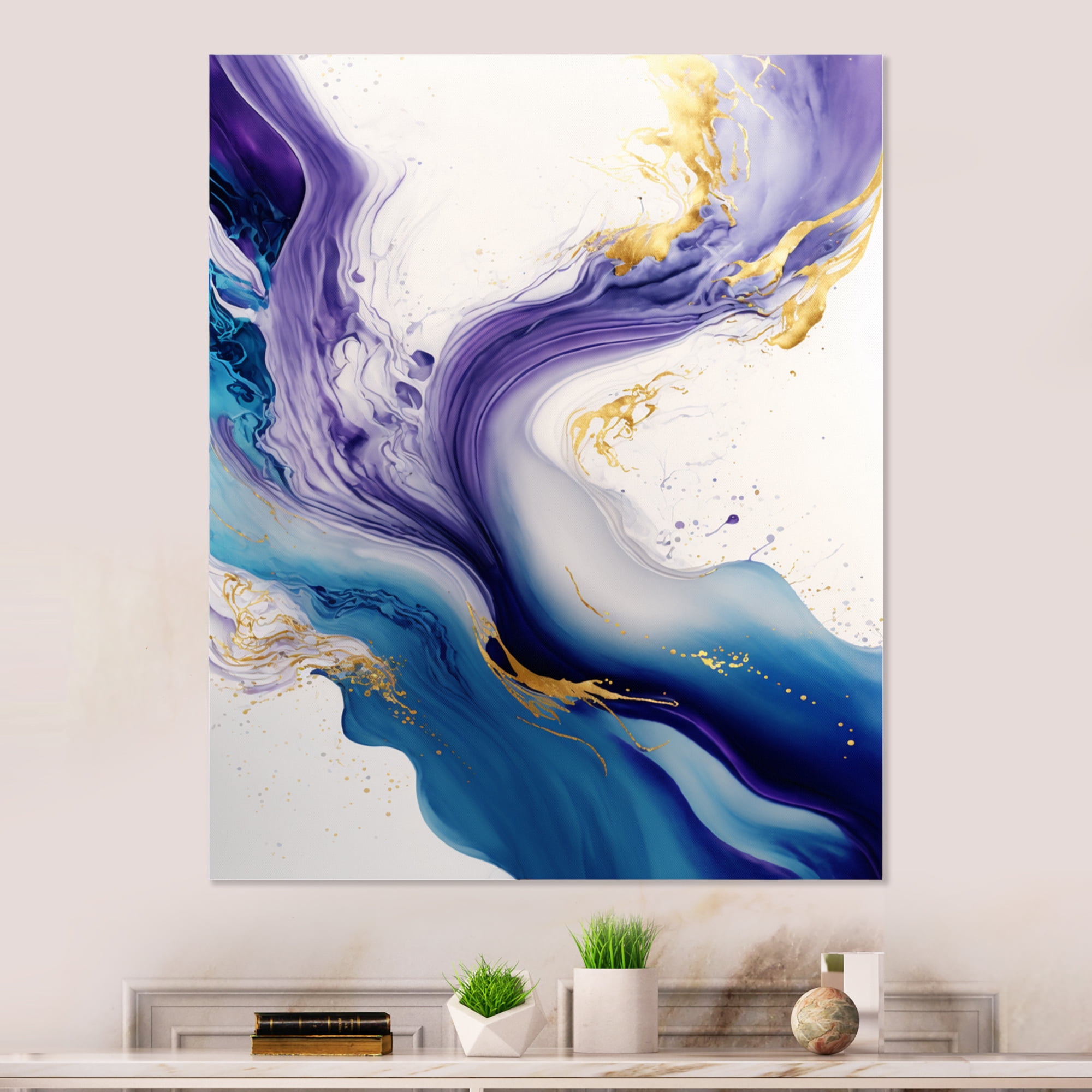 Designart Blue And Gold Splash Paint VI Canvas Wall Art
