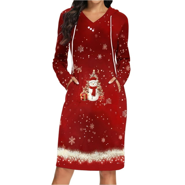 TIMIFIS Robe Chandail à Capuche Longue Décontractée pour Femme, Robe de Noël Laide, Robe à Capuche Légère à Manches Longues avec Poche