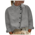 thumbnail image 3 of Women Cotton Linen Button Down Shirts Basic Roll Up Cuffed Sleeve Stand Collar Shirts Summer Fashion Slim Fit Blouse Tops, 3 of 5