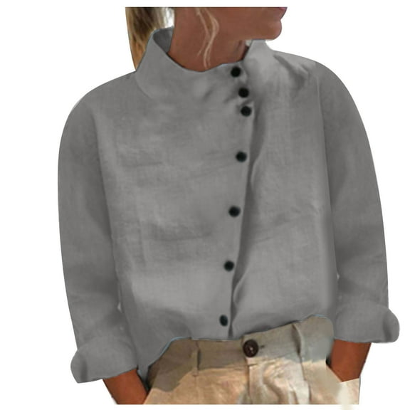 Women's Cotton Linen Long Sleeve Shirts qolati 2024 Summer Mock Neck Button Down Tunic T Shirt Lightweight Casual Boho Beach Blouse Tops