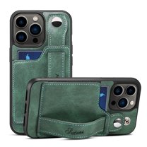 Feishell for iPhone 13 Pro Wallet Case with Card Credit Slot, Hand Wrist Strap Loop Holder Kickstand, Ring Holder PU Leather Camera Protection Shockproof Solid Color Cover, Green