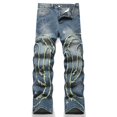 thumbnail image 4 of Reppunk Men's Vintage Blue Spider Web Embroidered Frayed Patch Wide Leg Baggy Jeans, Raw Edge Layered Stacked Denim Pants, Streetwear Business Casual Daily Commute Trousers, 4 of 10
