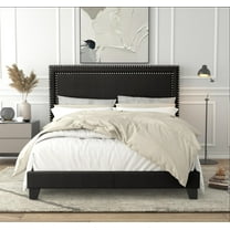 Home Design Ocala King Upholstered Panel Bed Frame with Padded Headboard and Sturdy Support, Black, Easy Assembly