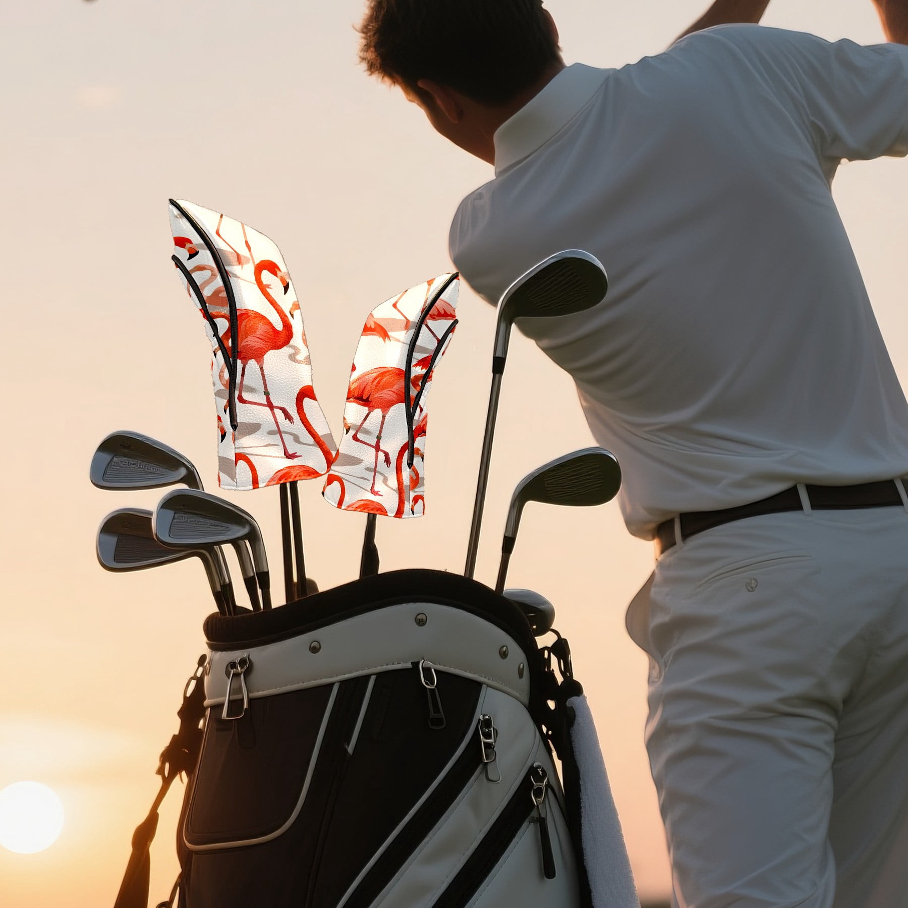 Golf Club Covers, Red Flamingo Premium PU Leather Driver Hybrid Putter Head Covers with Velvet Lining, Waterproof Golf Gifts for Men Women