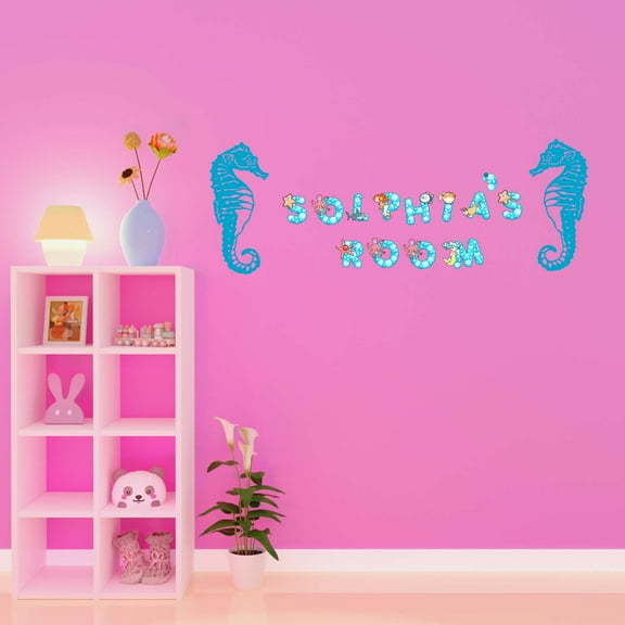Seahorses Seahorse Bubble Letters Personalized Name Beach Starfish Octopus Fish Ocean Shark Sea Great White Whale Bass Boat Dolphins Whale Holiday Decorating Wall Decal Sticker - Size: 20 In X 8 In