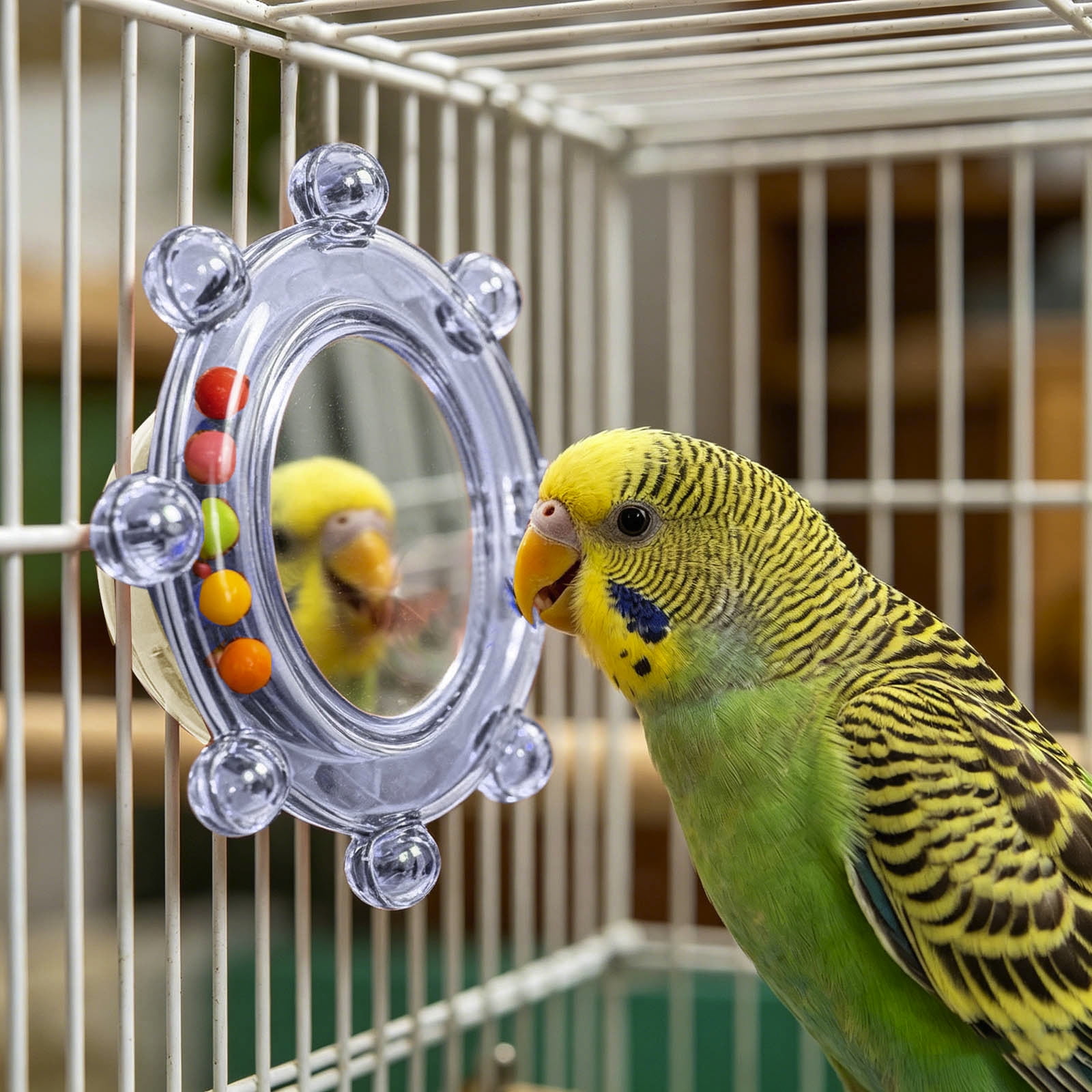 Bird Cage Mirror Toy With Rotating Wheel,Interactive Bird Toy, Hanging Cage Accessory For Parrots And Budgies,8.5Cm