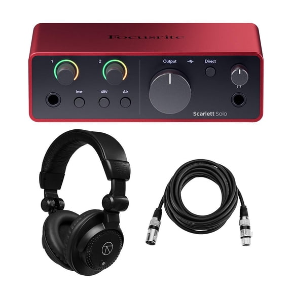 Focusrite Scarlett Solo 4th Gen USB Audio Interface with Software Suite, Bundle with Closed-Back Studio Monitor Headphones and 10' XLR Microphone Cables (3 Items)