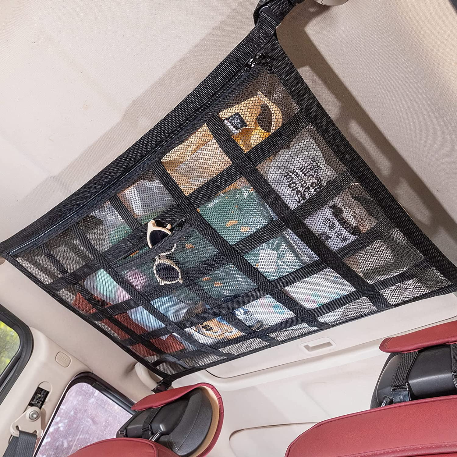 Car Roof Interior Overhead Roof Top Bag Elastic Mesh Net Auto Cargo Organizer Car Ceiling Cargo Net Pocket Long Trip Storage Bag for SUV Truck Childrens Toy Towel Sundries 