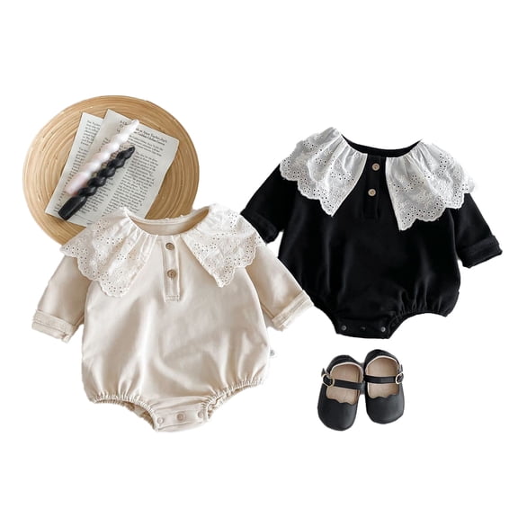 LYMAYTER Newborn Baby Girls Romper for 3-24M Long Sleeve Lace Peter Pan Collar Ruffle Bodysuit Clothes