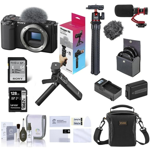 Sony ZV-E10 Mirrorless Vlog Camera with 16-50mm Lens, Black - Bundle with Vlogger Kit, 128GB SD Card, Shoulder Bag, Screen Protector, Mic, Tripod, Extra Battery, Charger, 40.5mm Filters, Cleaning Kit