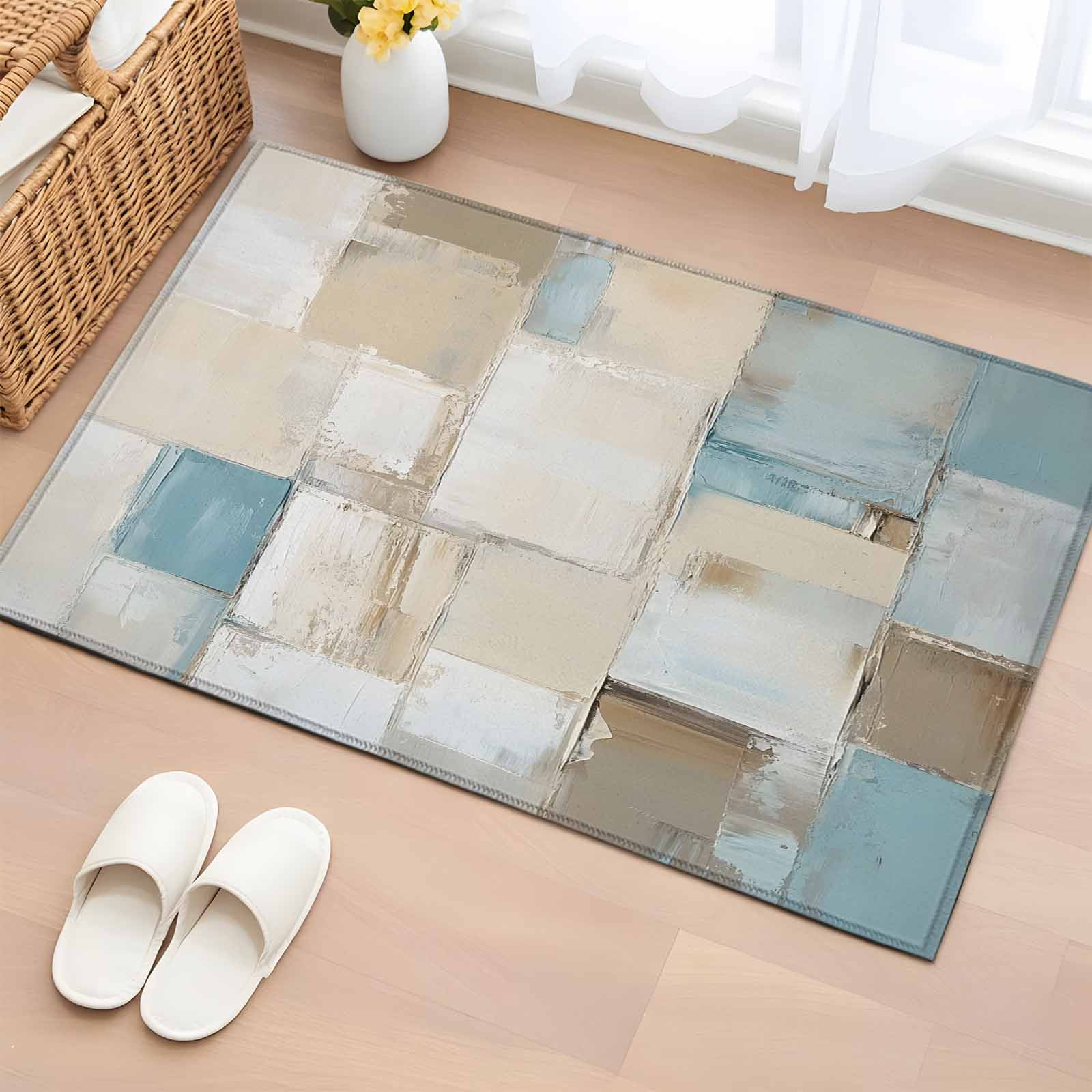 Blue Beige Bathroom Mat 2x3 FT, Non Slip Small Kitchen Mat, Modern Abstract Color Blocks Washable Soft Backed Front Door Throw Rug Non-Shedding Indoor Outdoor Doormat for Entryway Sink