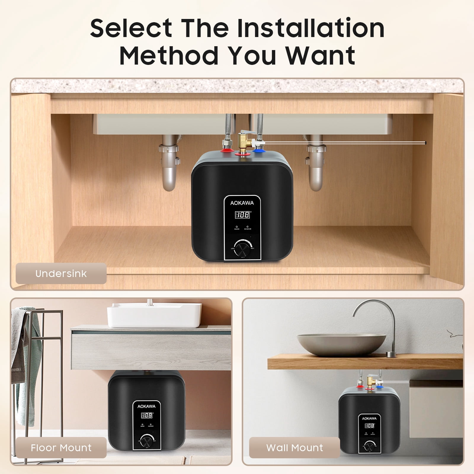 Aokawa Mini Tank Water Heater-2.5 Gallon Under Sink Instant Hot Water Point of Use Instant Hot Water for RV, Camper, Kitchen, Food Truck, 120V 1500W, Wall or Floor Mounted