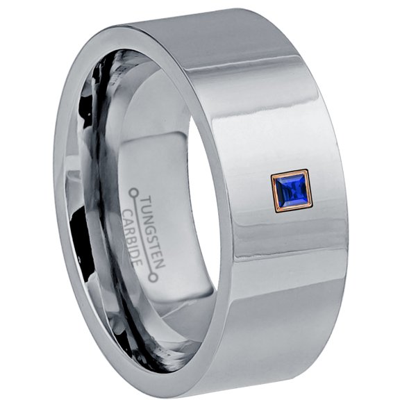 0.05ctw Princess Cut Blue Sapphire Tungsten Ring - 9MM Polished Finish Pipe Cut Tungsten Carbide Wedding Band - September Birthstone Ring - 14kt Rose Gold Bezel - TN066PSRG-1SPs5.5
