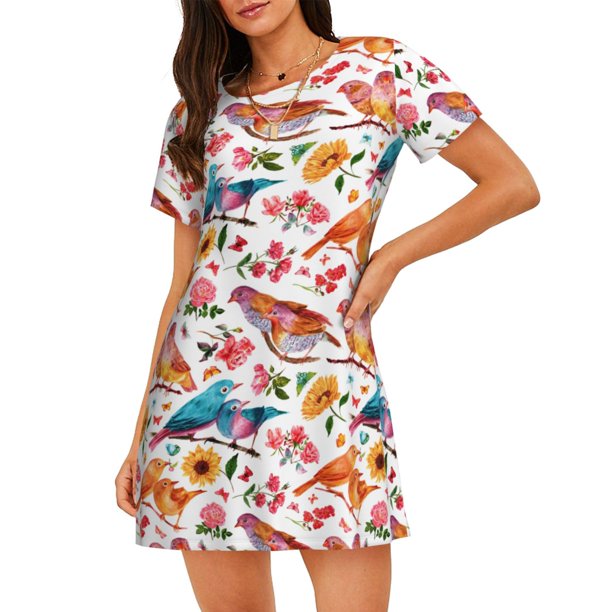 Disketp Flowers Birds And Butterflies para Camisón Corto de Manga Corta para Mujeres, Camisón Cómodo con Escote Redondo, Bonito y Confortable