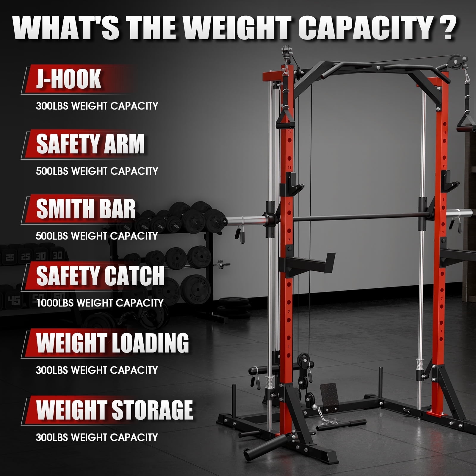 Mikolo Smith Machine Home Gym, Multi-Functional Squat Rack with Lat Pull Down System, Workout Station with Smith Bar, Weight Bar, Weight Bench and 10lb/25lb x2 Weight Plates