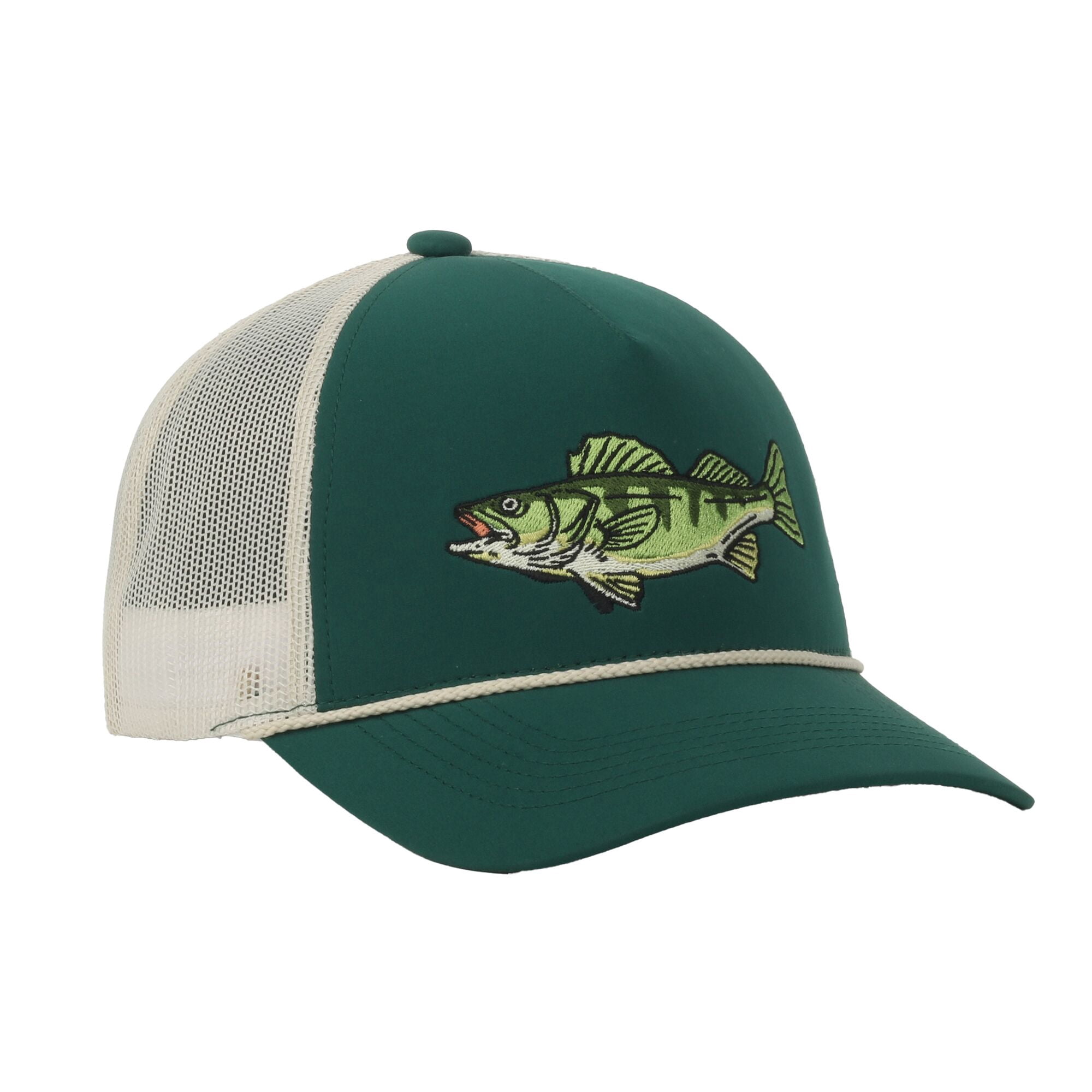 Green/Putty Walleye 5-Panel Fishing Cap – Structured, Embroidered, Snapback, One Size