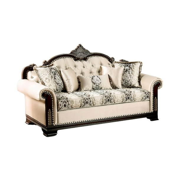 Catie 87 Inch Sofa, Nailhead, Beige Rolled Arms, Cherry Brown Solid Wood