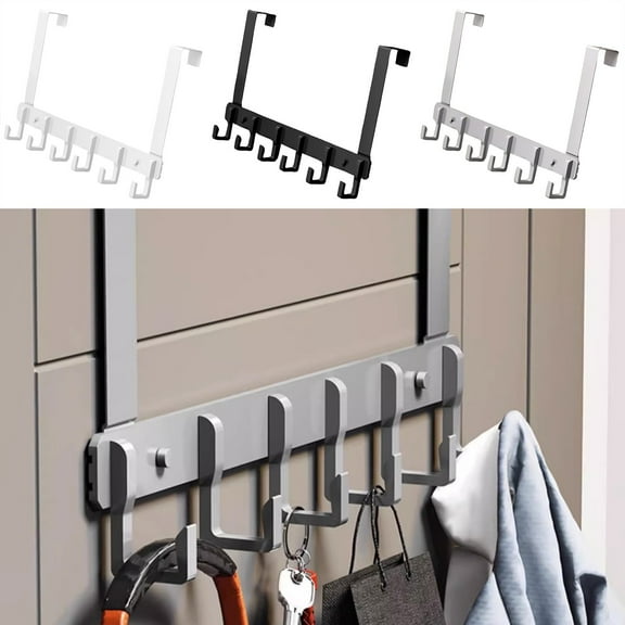 Over The Door Hooks Organizer Rack | 6 Heavy Duty Aluminum Cloak Hooks | Fits 1.37-1.9 Inch Doors | Space Saving, No Drill | Black, White, Grey | Scratch Resistant Bathroom Towel, Hat, Coat Hanger